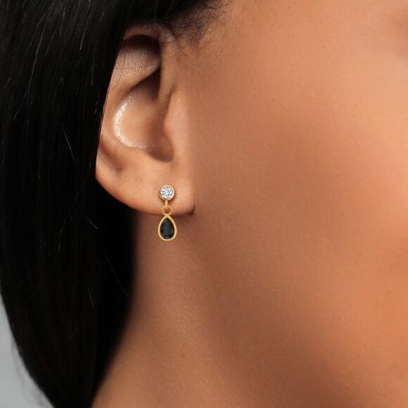 14K Yellow Gold with 0.76 Cttw Black Onyx and White Diamond Post Back Earrings - Picture 3 of 4